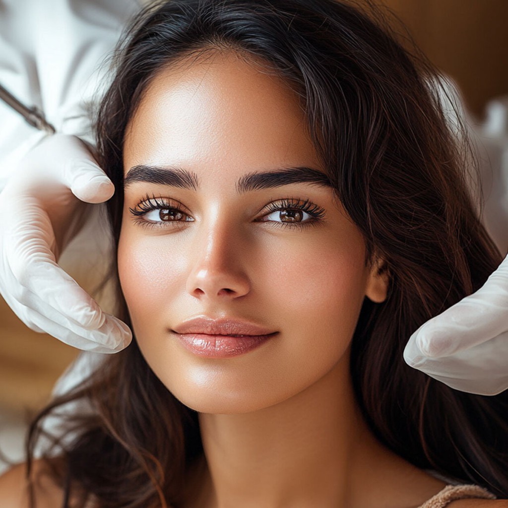 Smiling woman receiving Botox treatment from a professional wearing gloves.