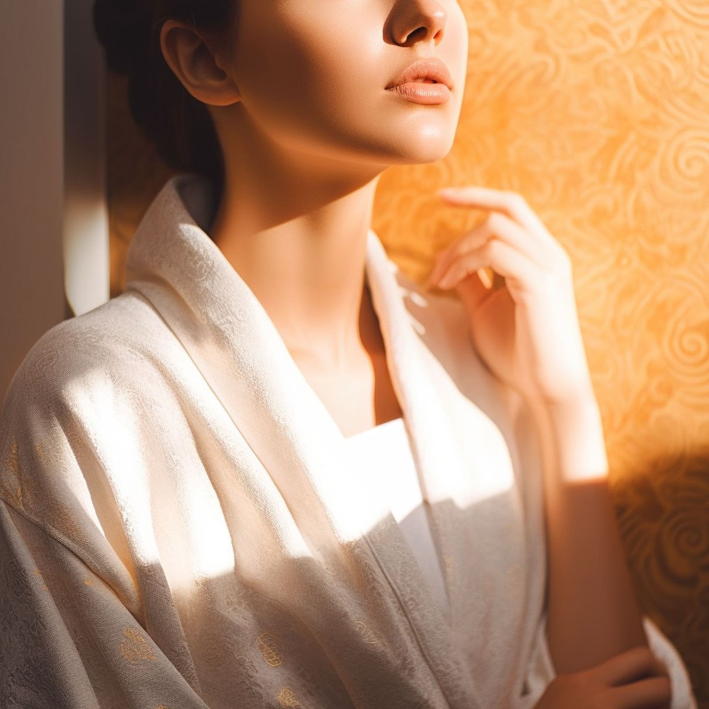 Woman in a white robe enjoying soft sunlight, representing relaxation before a laser treatment session with Splendor X and Gentle Max Pro.