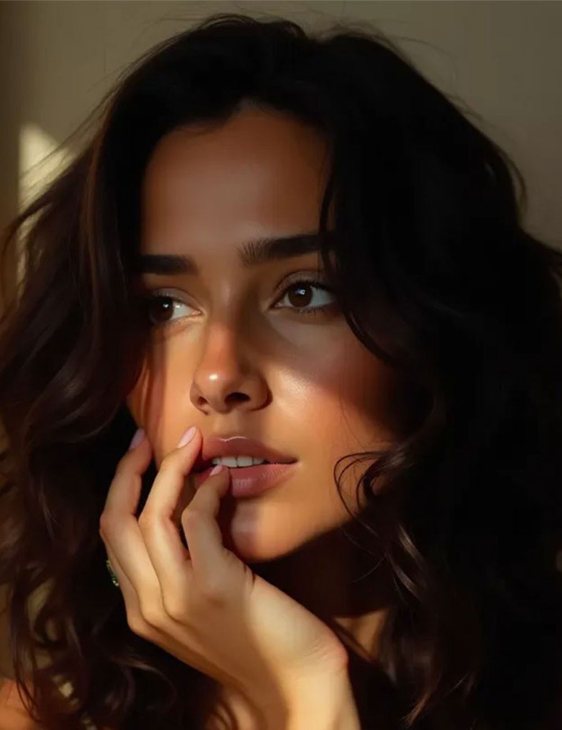 An informational section on how Botox works at MAYAM Aesthetics. The image features a close-up of a woman with glowing skin, gazing into the distance with soft lighting accentuating her facial contours. The accompanying text explains that Botox works by inhibiting specific facial muscles to erase wrinkles and fine lines, providing a subtle and non-surgical way to restore youthful vibrancy while preserving natural expressions.