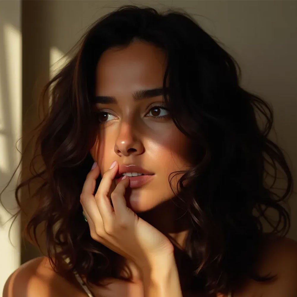 An informational section on how Botox works at MAYAM Aesthetics. The image features a close-up of a woman with glowing skin, gazing into the distance with soft lighting accentuating her facial contours. The accompanying text explains that Botox works by inhibiting specific facial muscles to erase wrinkles and fine lines, providing a subtle and non-surgical way to restore youthful vibrancy while preserving natural expressions.