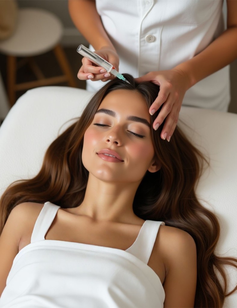 A woman with long, healthy hair relaxes on a treatment bed while receiving a hair loss treatment. A specialist carefully administers an injection to her scalp, aiming to stimulate hair growth and improve scalp health. The accompanying text explains the biological process behind hair loss treatments, highlighting their benefits in promoting hair density, restoring scalp balance, and enhancing confidence.