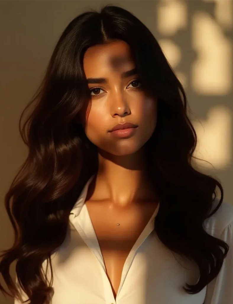 A woman with thick, healthy hair illuminated by soft light. The accompanying text discusses the benefits of hair restoration treatments at Mayam Aesthetics, highlighting solutions for hair loss, stimulating growth, improving thickness, and rejuvenating scalp health.