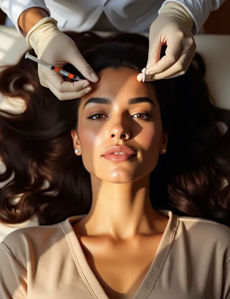 A woman with voluminous hair lying down while receiving a hair treatment. A specialist wearing gloves applies an injection to her scalp. The accompanying text explains the number of sessions needed for hair restoration treatments, outlining initial treatment plans and maintenance sessions for long-term hair health.