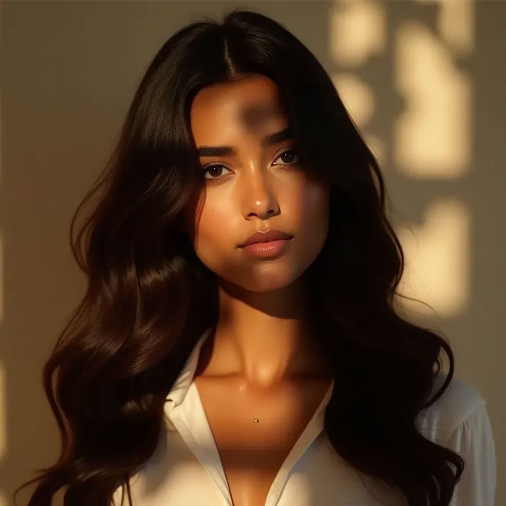 A woman with thick, healthy hair illuminated by soft light. The accompanying text discusses the benefits of hair restoration treatments at Mayam Aesthetics, highlighting solutions for hair loss, stimulating growth, improving thickness, and rejuvenating scalp health.