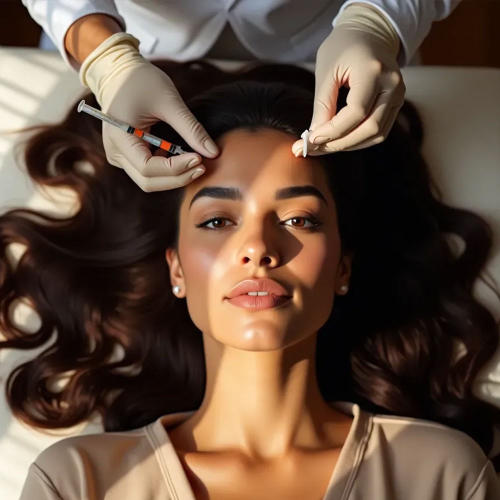 A woman with voluminous hair lying down while receiving a hair treatment. A specialist wearing gloves applies an injection to her scalp. The accompanying text explains the number of sessions needed for hair restoration treatments, outlining initial treatment plans and maintenance sessions for long-term hair health.