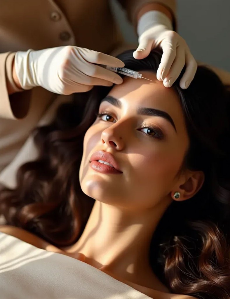 A woman with glowing skin and dark, voluminous hair lies down while receiving a mesotherapy injection on her forehead. The text beside her explains the benefits of mesotherapy, including instant skin improvement, hydration, collagen stimulation, and improved blood circulation, helping to restore vitality and reduce signs of aging.