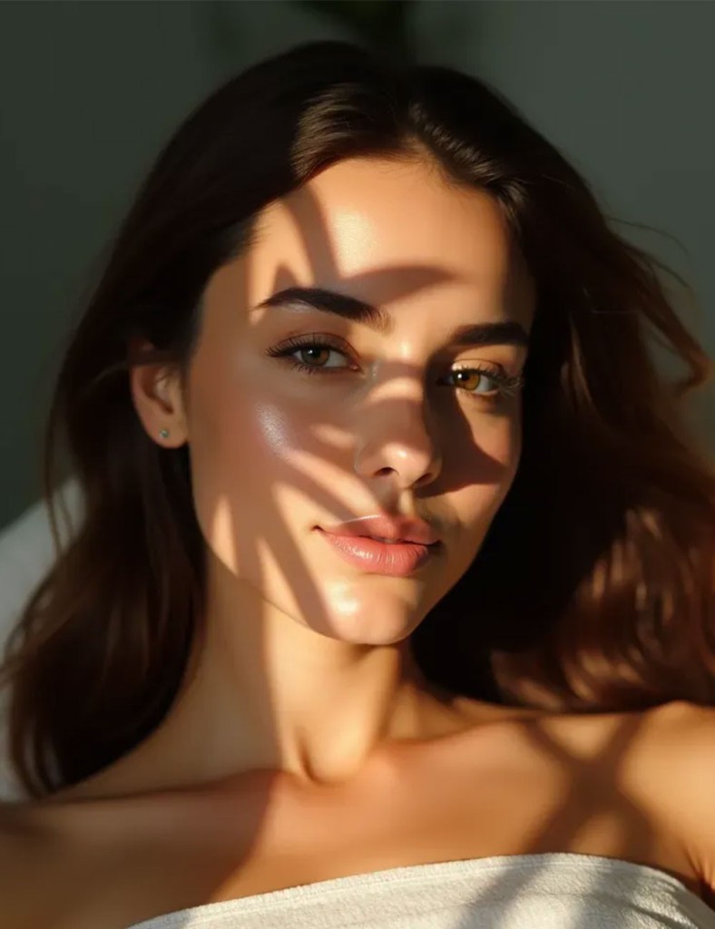 A woman with glowing skin and soft waves in her hair is illuminated by sunlight filtering through a patterned shadow. The accompanying text explains the number of mesotherapy sessions required, mentioning that skin and hair treatments typically need 3-6 sessions spaced 2-4 weeks apart, while fat-dissolving treatments may require 2-4 sessions for visible results.