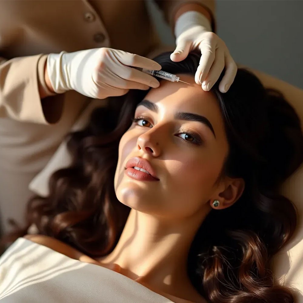 A woman with glowing skin and dark, voluminous hair lies down while receiving a mesotherapy injection on her forehead. The text beside her explains the benefits of mesotherapy, including instant skin improvement, hydration, collagen stimulation, and improved blood circulation, helping to restore vitality and reduce signs of aging.
