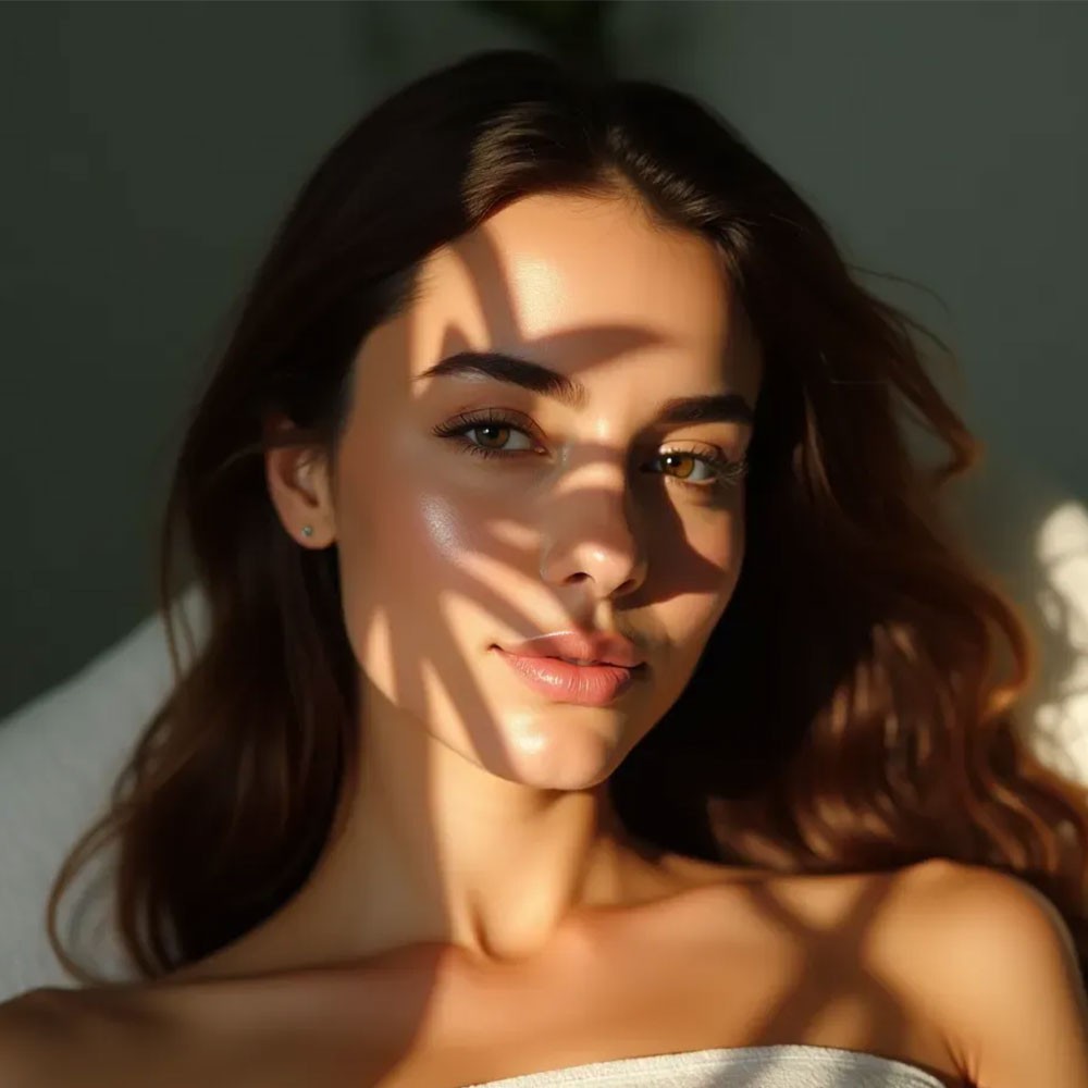 A woman with glowing skin and soft waves in her hair is illuminated by sunlight filtering through a patterned shadow. The accompanying text explains the number of mesotherapy sessions required, mentioning that skin and hair treatments typically need 3-6 sessions spaced 2-4 weeks apart, while fat-dissolving treatments may require 2-4 sessions for visible results.