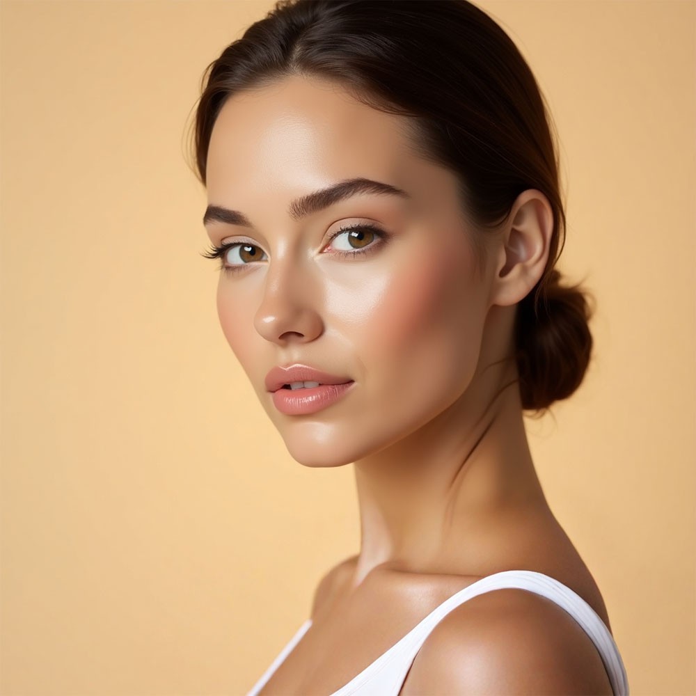 A close-up portrait of a woman with smooth, radiant skin, looking confident against a warm beige background. The accompanying text explains the science behind mesotherapy, detailing how a blend of active ingredients such as plant extracts, vitamins, enzymes, and medications is injected beneath the skin to improve its appearance and treat various conditions.