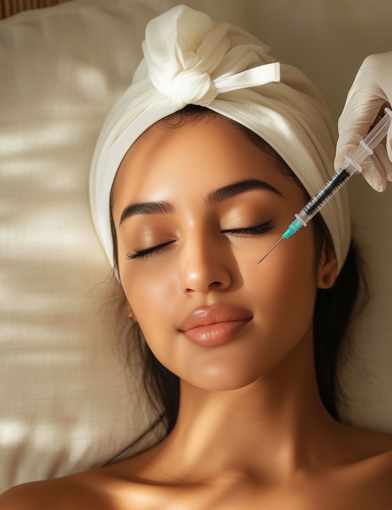 A woman lies peacefully with her eyes closed and a headband in place, about to receive a Botox injection near her forehead. On the right, text titled 'Why Choose Botox?' outlines the treatment’s benefits, including smoothing fine lines, enhancing features, preventing wrinkles, and targeting specific concerns.