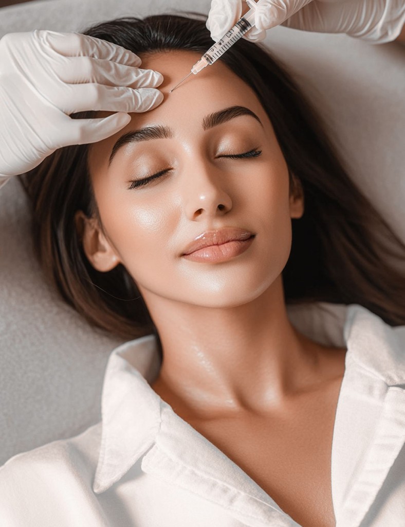 A Botox treatment information section at MAYAM Aesthetics. The image features a woman with glowing skin, eyes closed, receiving a Botox injection on her forehead from a professional wearing gloves. The accompanying text explains the recommended frequency of Botox sessions, highlighting maintenance treatments every 3–6 months and personalized treatment plans tailored to individual needs.