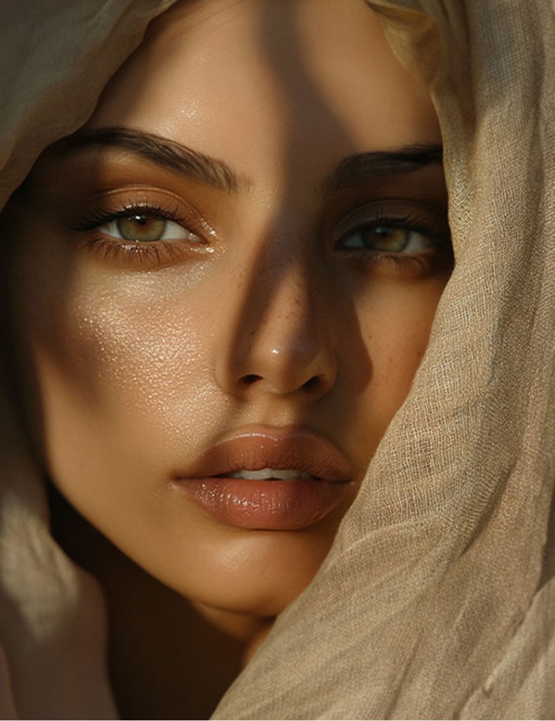 Close-up of a woman with radiant, flawless skin, partially covered by a beige fabric, highlighting natural beauty and AI-powered skin analysis for personalized skincare insights.
