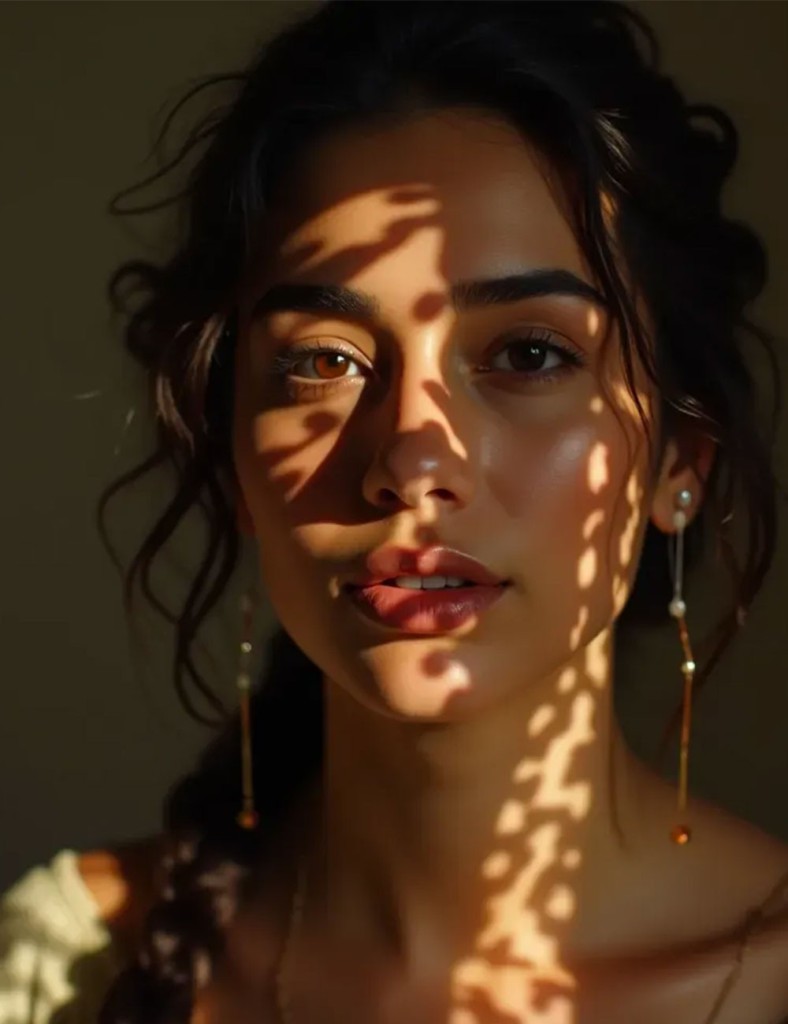 A woman with glowing skin, illuminated by a patterned light shadow, wearing elegant dangling earrings. The accompanying text describes the number of sessions needed for peel treatments, differentiating between mild peels, which require 1-3 sessions for a quick glow, and deeper peels, which need 3-6 weeks apart to treat wrinkles, scars, and sun damage.