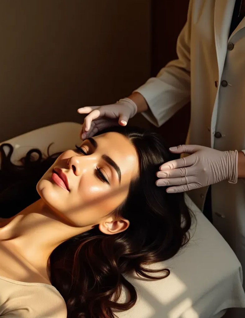 A woman with radiant skin lies comfortably as a professional in gloves gently massages her scalp, providing post-peel care. The accompanying text outlines essential post-peel care steps, including moisturizing, avoiding touching the face, refraining from exfoliation for 1-2 weeks, and minimizing sun exposure to ensure optimal healing and results.