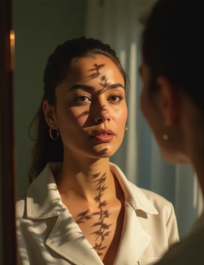 A woman with a glowing complexion listens attentively to a specialist in a consultation. Sunlight casts artistic shadows on her face, enhancing her natural beauty. The accompanying text explains how a peel treatment works by exfoliating the skin’s outer layers, revealing smoother, more even-toned skin with fewer wrinkles.