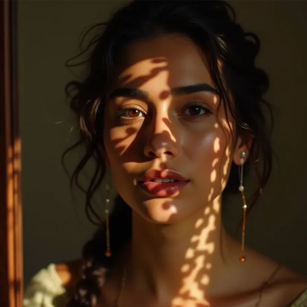 A woman with glowing skin, illuminated by a patterned light shadow, wearing elegant dangling earrings. The accompanying text describes the number of sessions needed for peel treatments, differentiating between mild peels, which require 1-3 sessions for a quick glow, and deeper peels, which need 3-6 weeks apart to treat wrinkles, scars, and sun damage.