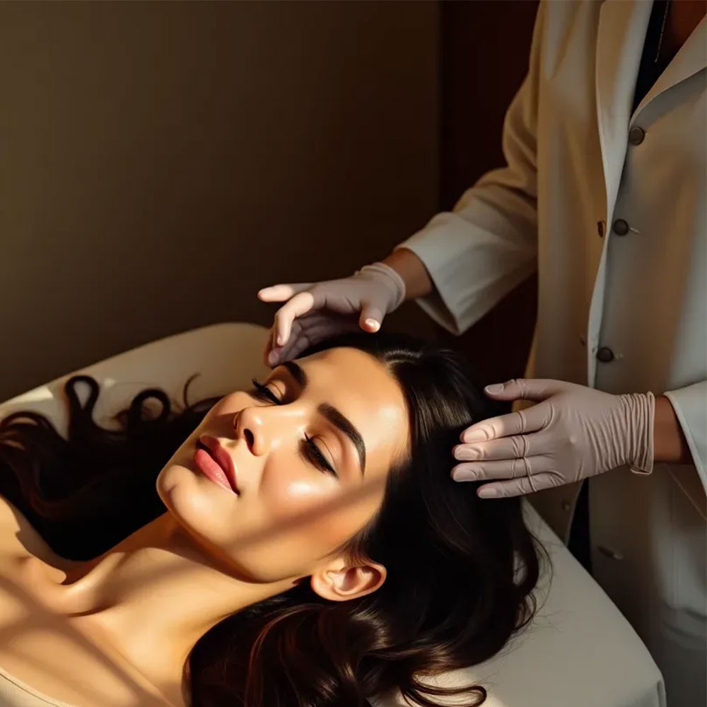 A woman with radiant skin lies comfortably as a professional in gloves gently massages her scalp, providing post-peel care. The accompanying text outlines essential post-peel care steps, including moisturizing, avoiding touching the face, refraining from exfoliation for 1-2 weeks, and minimizing sun exposure to ensure optimal healing and results.