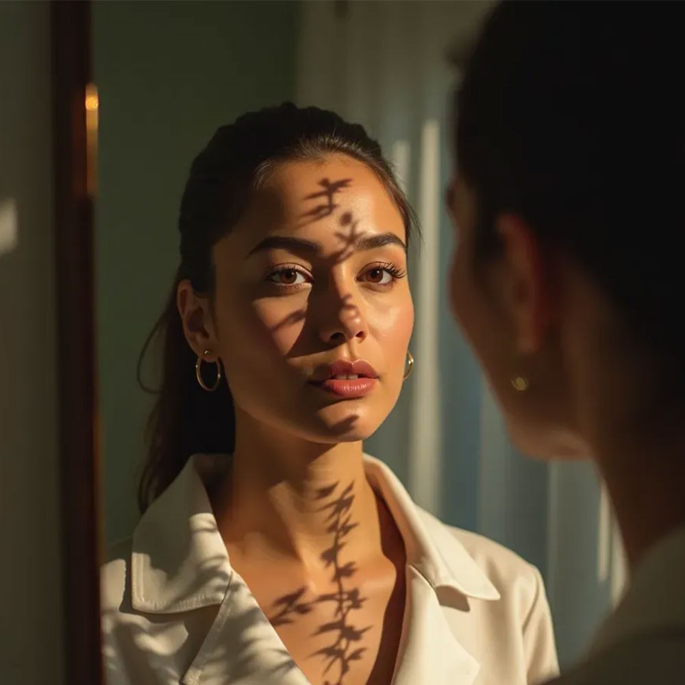 A woman with a glowing complexion listens attentively to a specialist in a consultation. Sunlight casts artistic shadows on her face, enhancing her natural beauty. The accompanying text explains how a peel treatment works by exfoliating the skin’s outer layers, revealing smoother, more even-toned skin with fewer wrinkles.