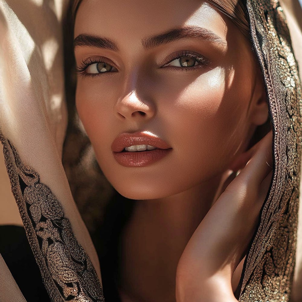A woman with radiant, flawless skin wearing an elegant embroidered headscarf, illuminated by warm sunlight. The accompanying text highlights the benefits of peel treatments at Mayam Aesthetics, emphasizing their ability to refine skin texture, reduce fine lines, and enhance complexion for a youthful, glowing appearance
