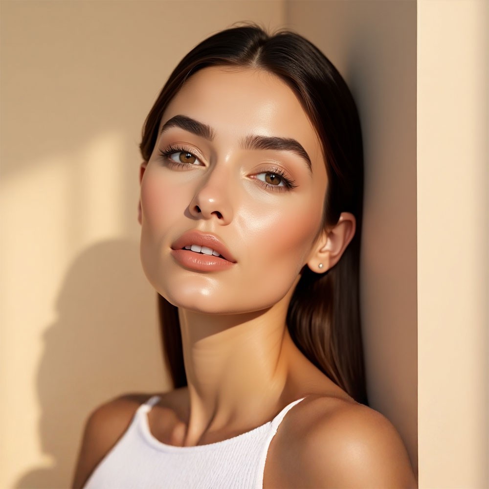A close-up portrait of a woman with smooth, glowing skin, dark brown hair, and well-defined eyebrows. She has a radiant complexion with a soft, golden background. On the right side, a text section explains the benefits of skin booster treatments, listing improvements such as hydration, texture enhancement, elasticity, radiance, and long-lasting results.